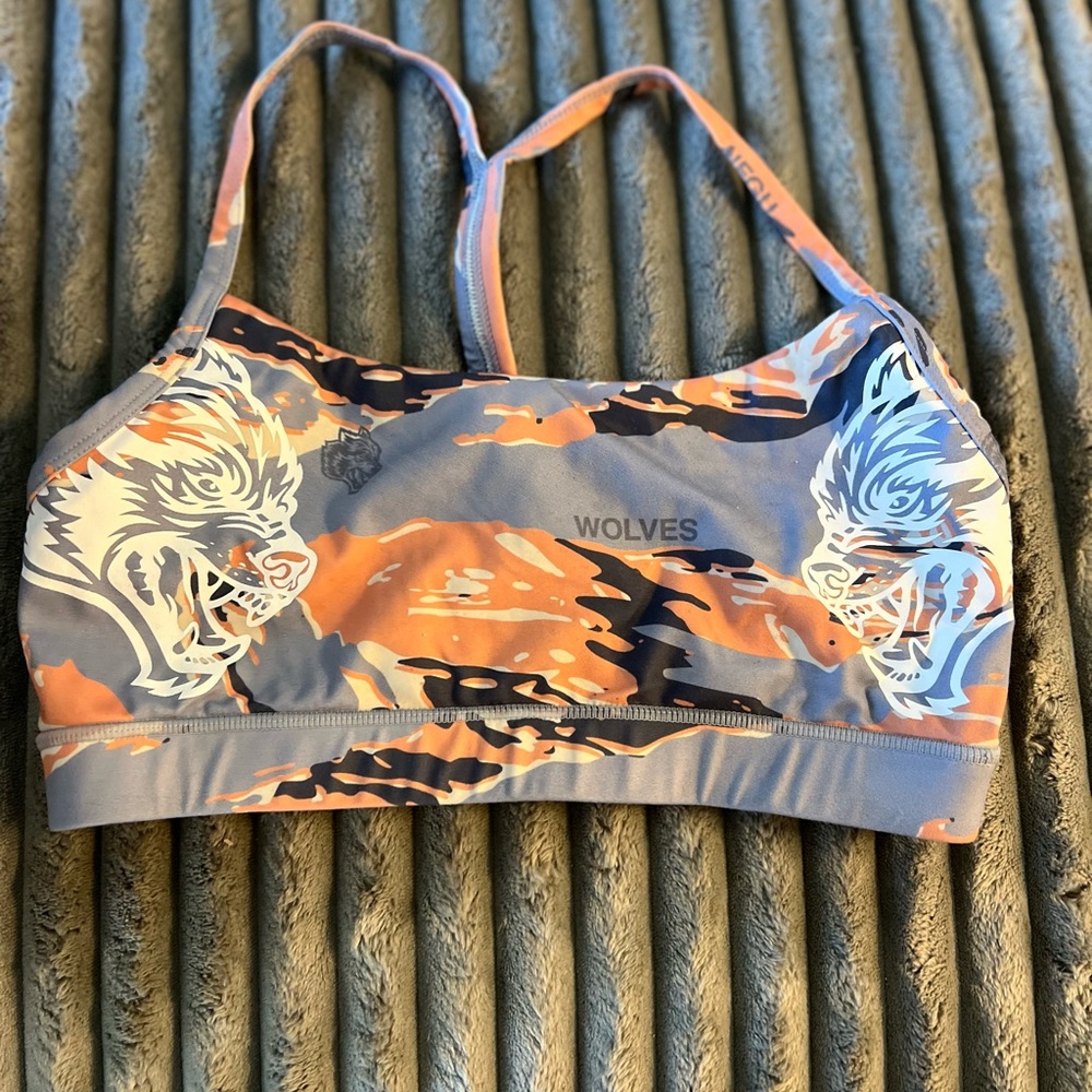 Darc Sport Orange and Gray Wolves Print Sports Bra